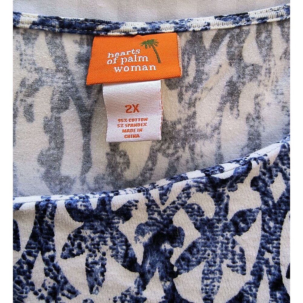 Hearts Of Palm Woman 2X Blue & White Floral Print Scoop Neck 3/4 Sleeve Top - Picture 4 of 6